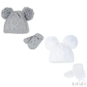 Grey/White Heavy Knit Pom-Pom Hat & Mitten Set - 0-12M (H482-GW-SM)