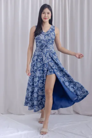 Haley Overlap Maxi Romper Dress In Navy Chinoiserie