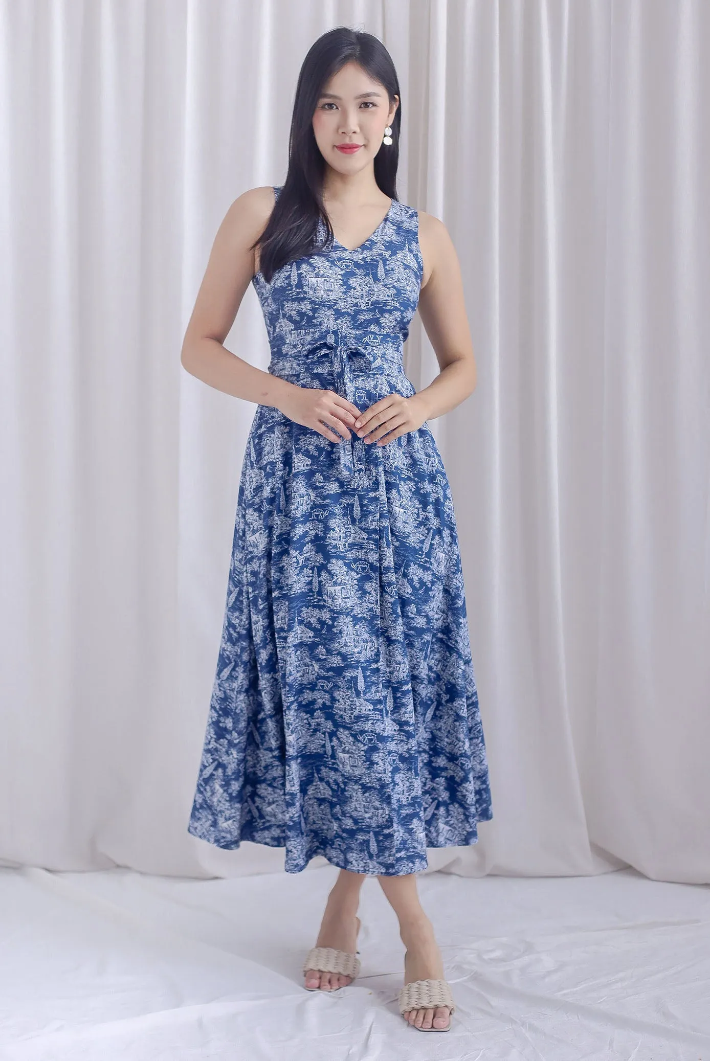 Haley Overlap Maxi Romper Dress In Navy Chinoiserie