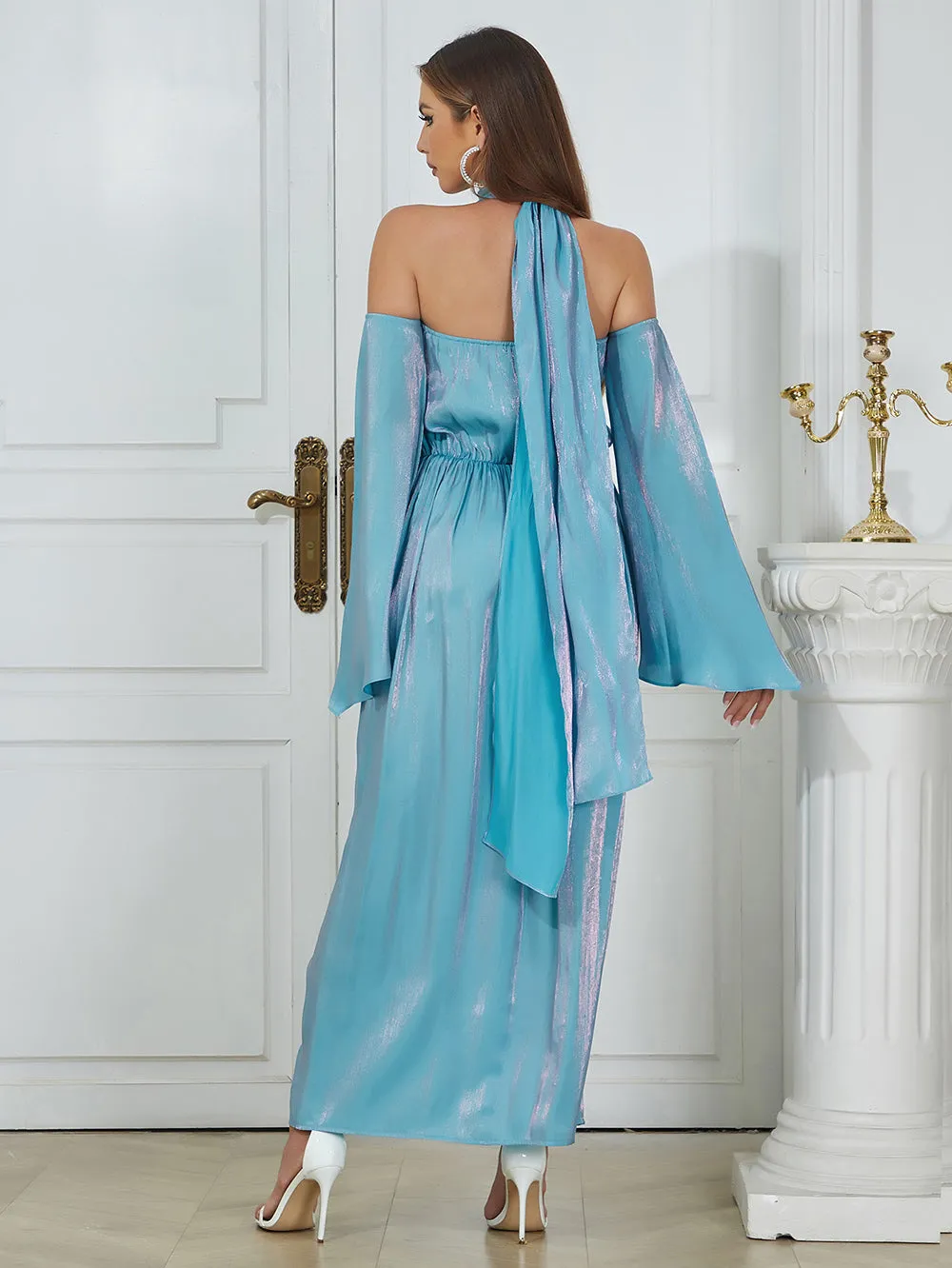 Halter Long Sleeve Pagoda Sleeve Maxi Bodycon Dress HB0344