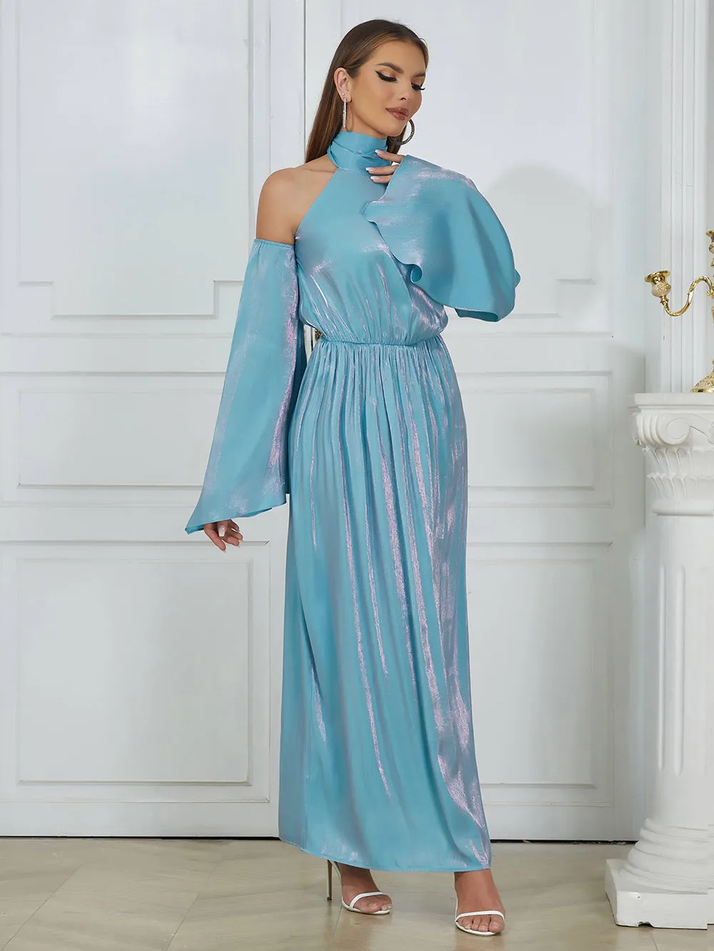 Halter Long Sleeve Pagoda Sleeve Maxi Bodycon Dress HB0344
