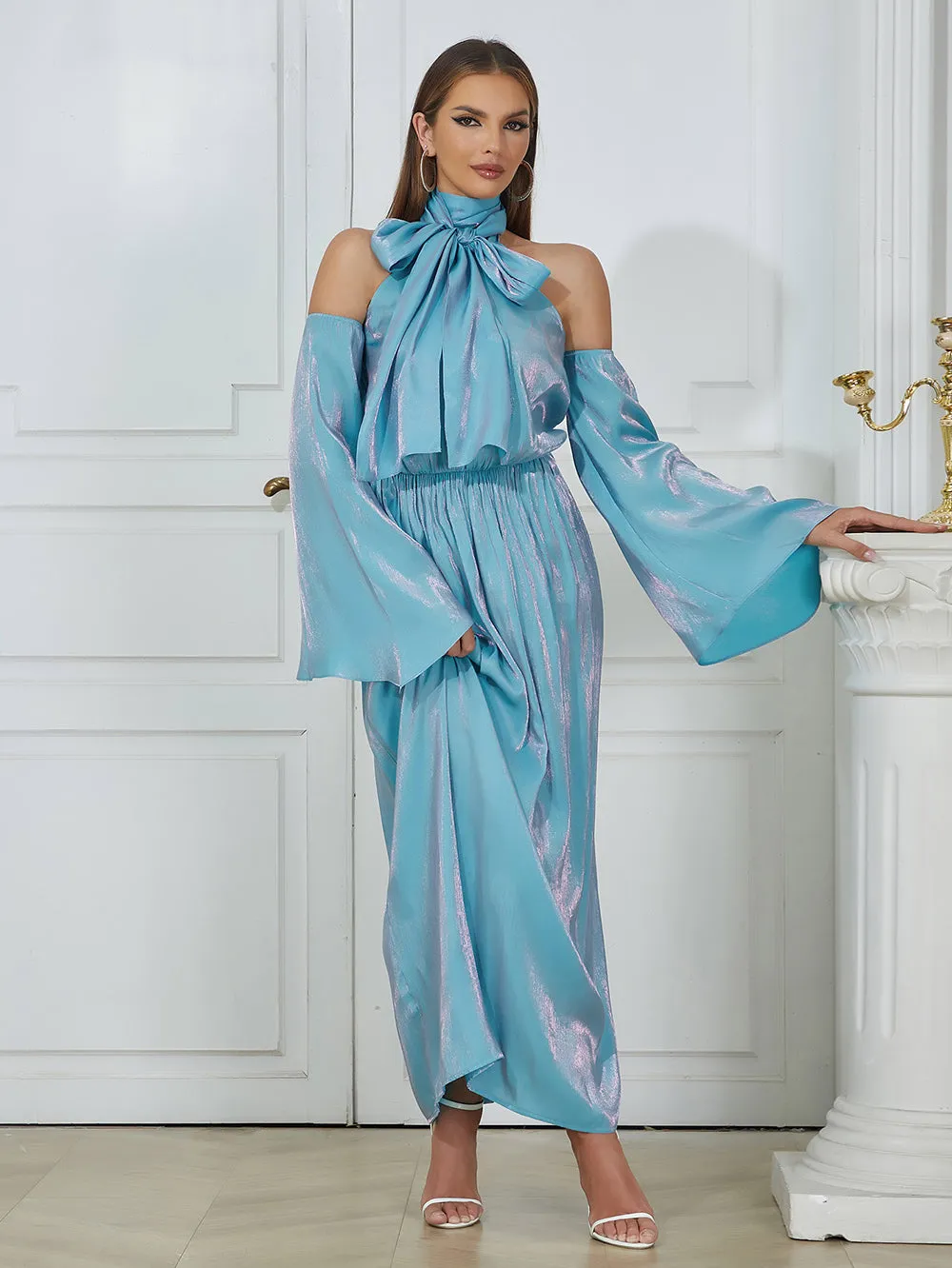 Halter Long Sleeve Pagoda Sleeve Maxi Bodycon Dress HB0344