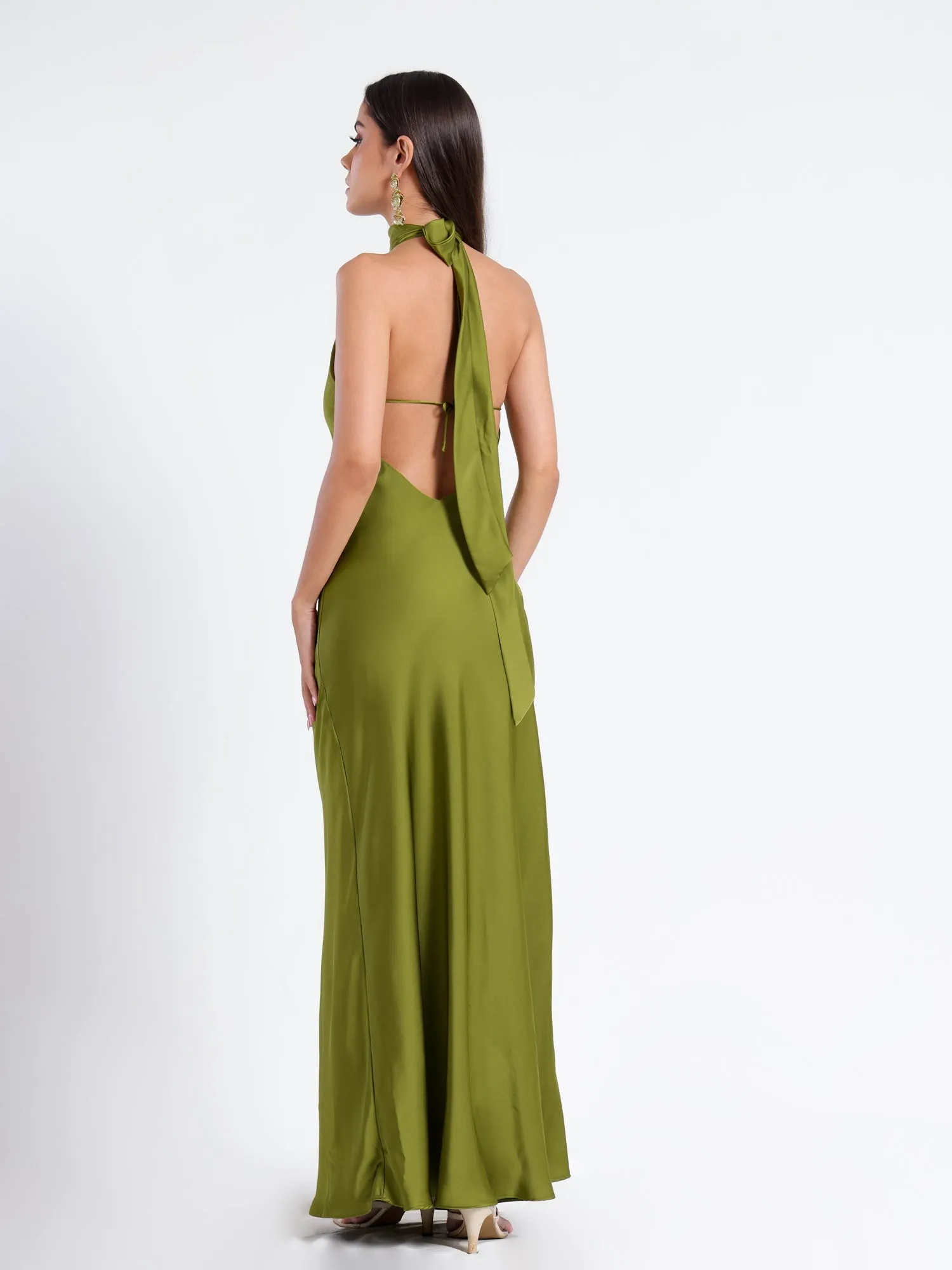Halter Neck Back Tie Up Bias Satin Maxi Dress