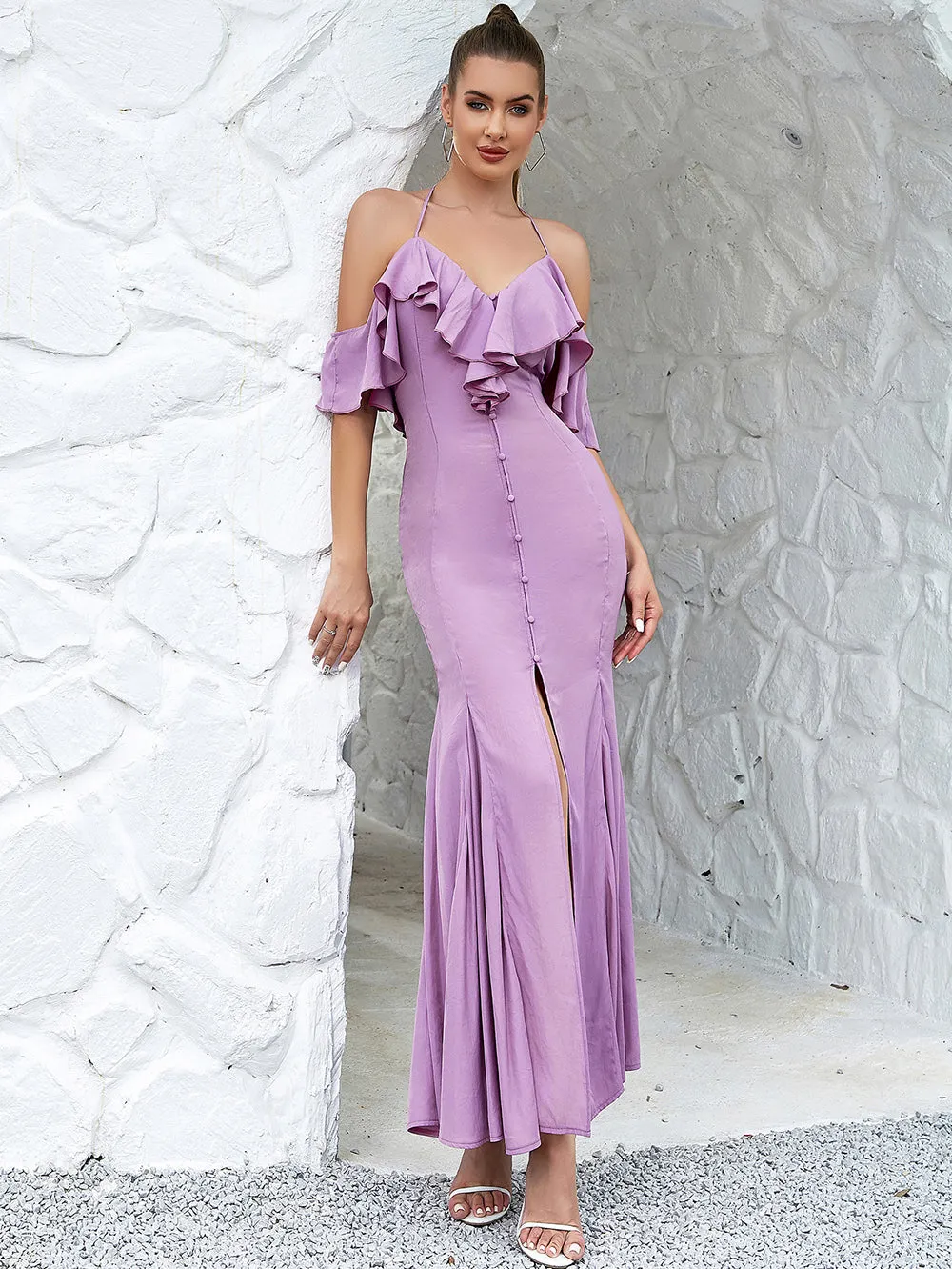 Halter Sleeveless Frill Maxi Bodycon Dress HB02990