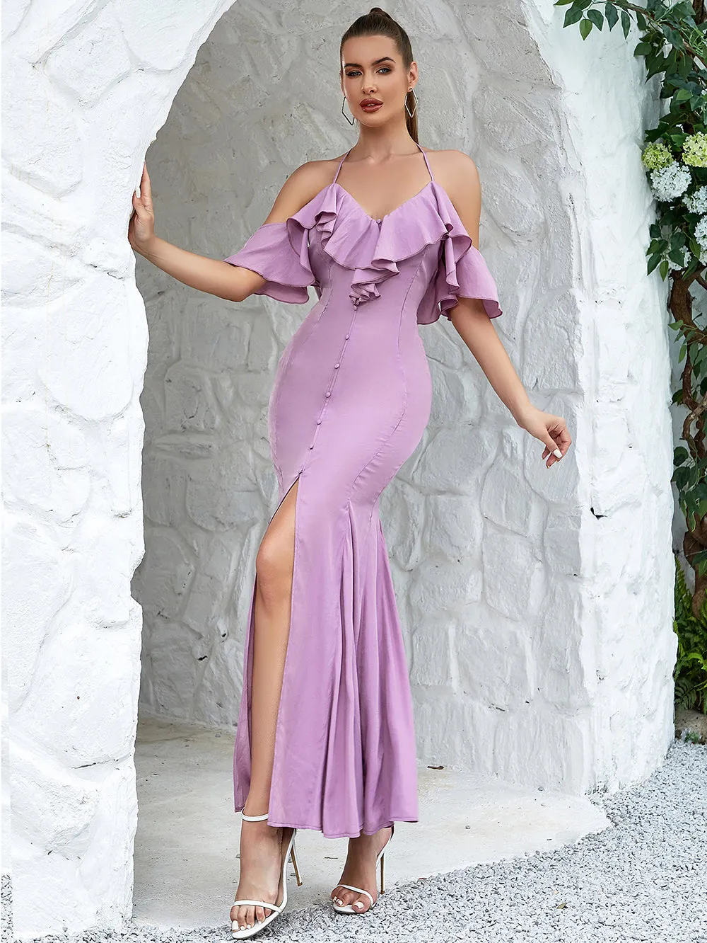 Halter Sleeveless Frill Maxi Bodycon Dress HB02990