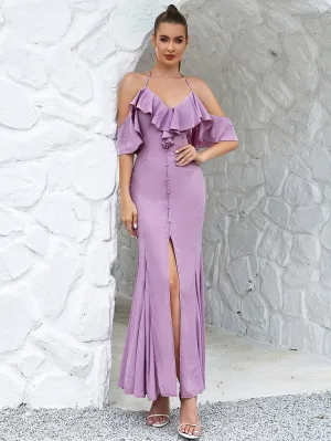 Halter Sleeveless Frill Maxi Bodycon Dress HB02990
