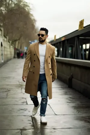 Handmade Premium Brown Wool Men's Long Trench Coat – Winter, Business, and Casual Wear