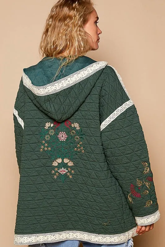 Hazel Blues® |  POL Embroidered Open Front Quilted Jacket with Crochet Pockets