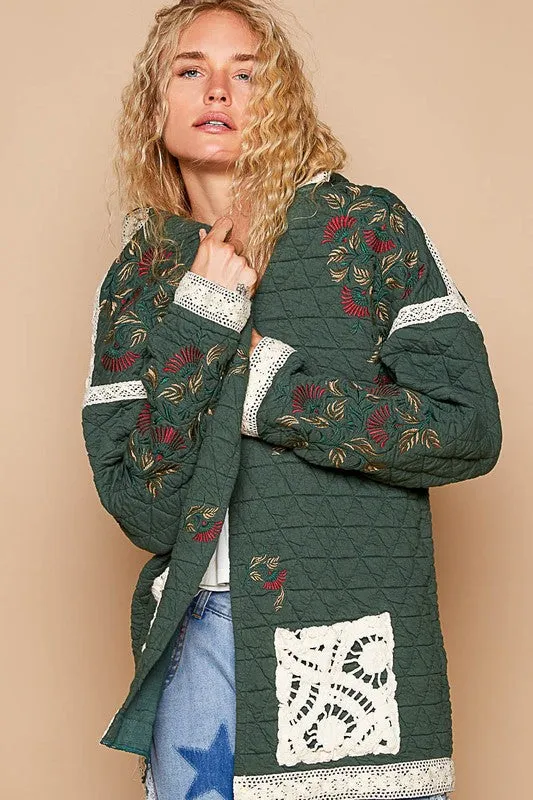 Hazel Blues® |  POL Embroidered Open Front Quilted Jacket with Crochet Pockets