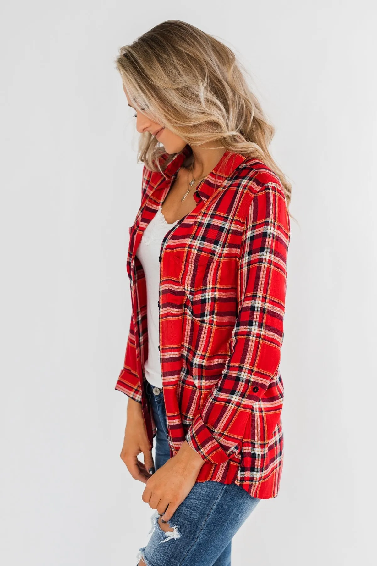 Hello Flannel Button Up Top- Red, Yellow, & Navy