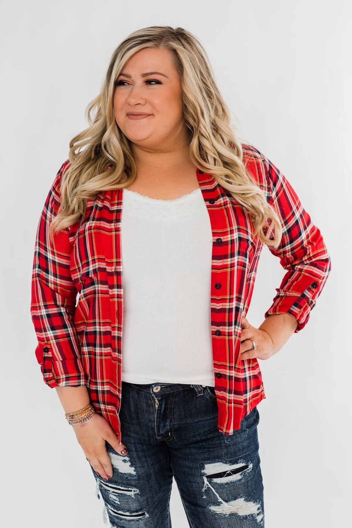 Hello Flannel Button Up Top- Red, Yellow, & Navy