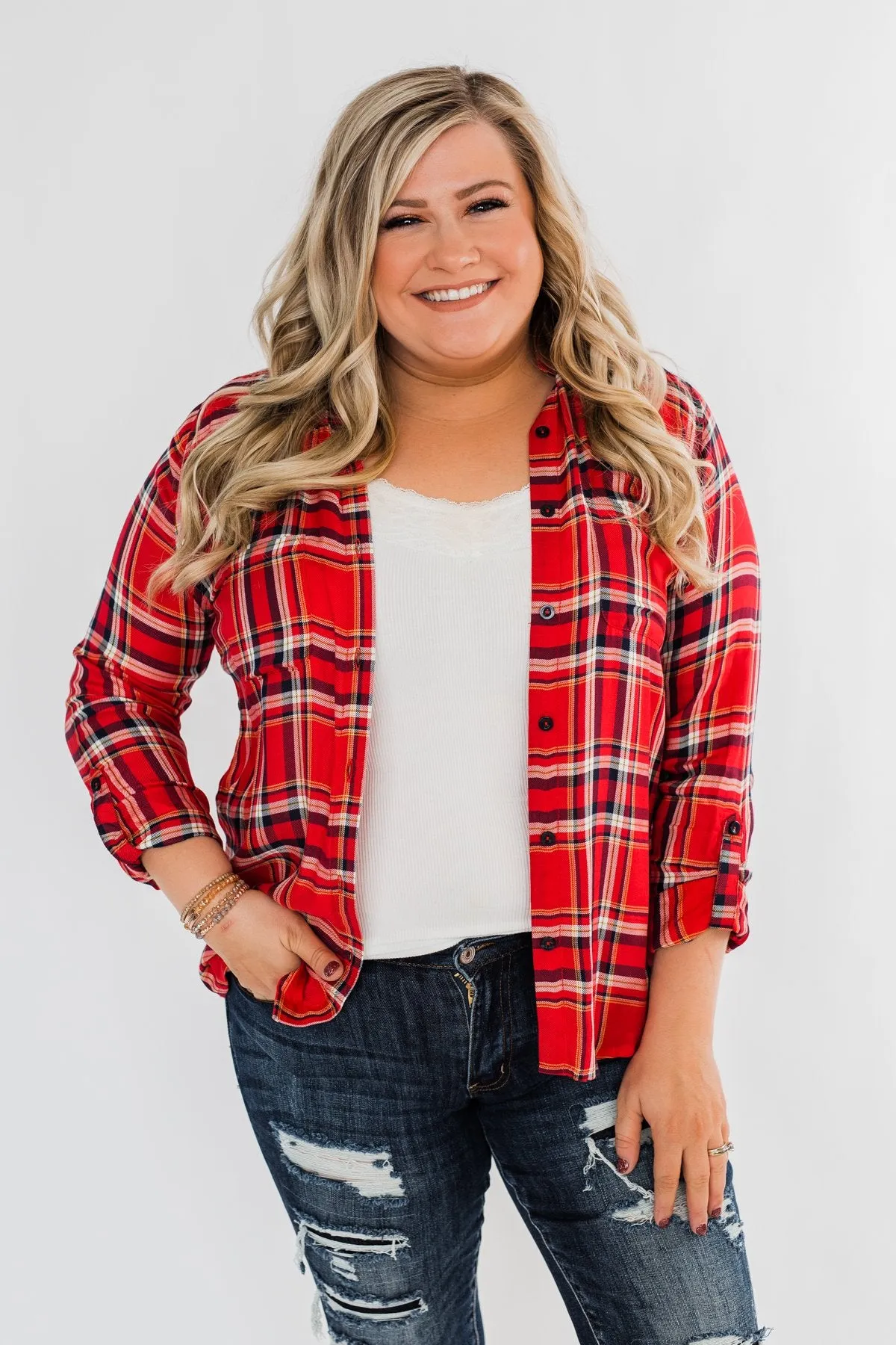 Hello Flannel Button Up Top- Red, Yellow, & Navy