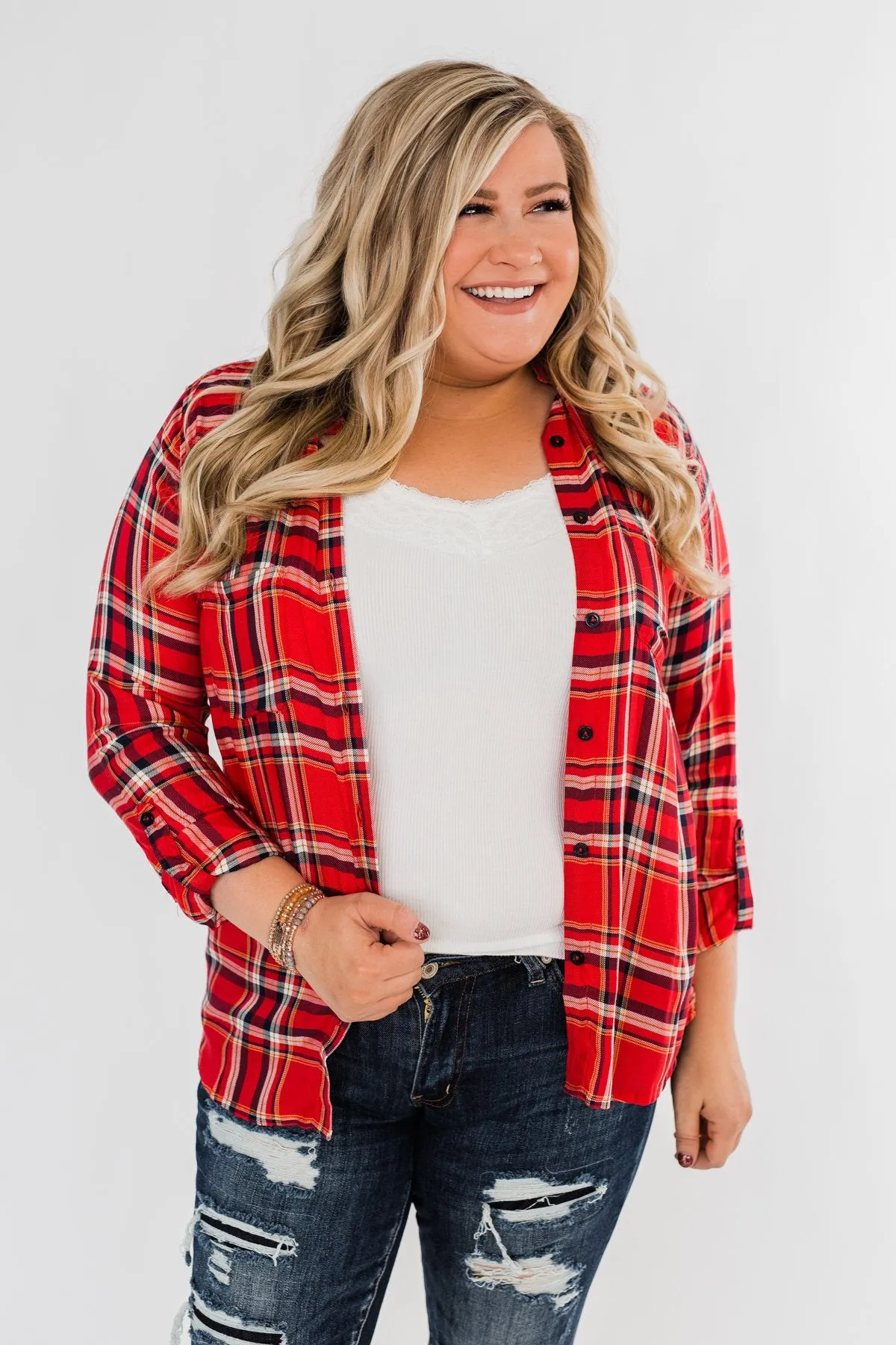 Hello Flannel Button Up Top- Red, Yellow, & Navy