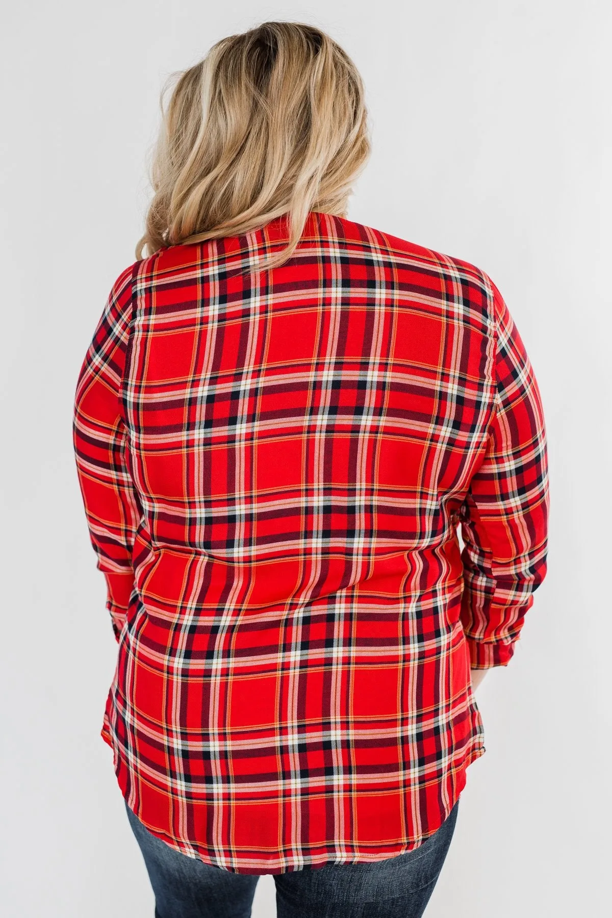 Hello Flannel Button Up Top- Red, Yellow, & Navy