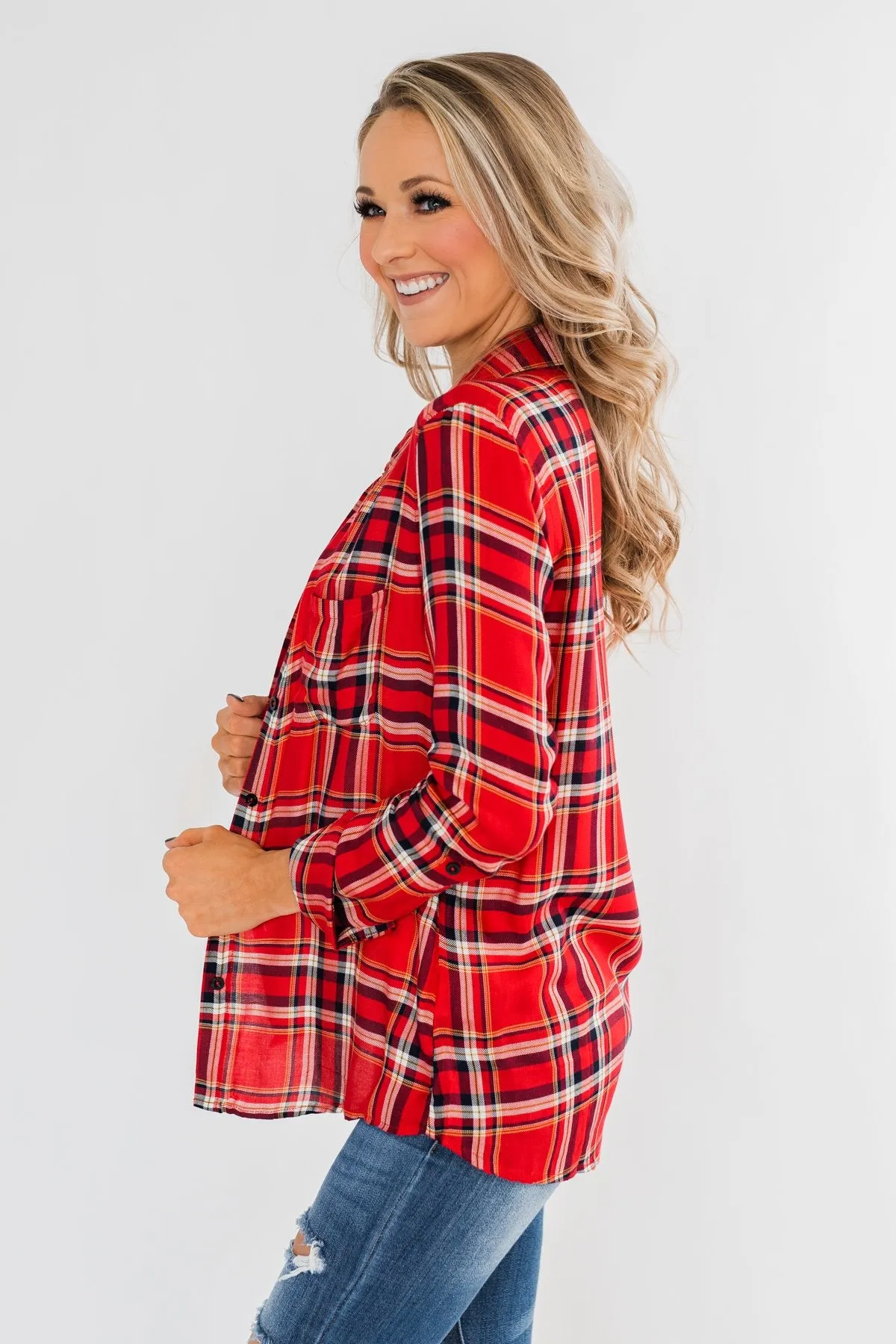 Hello Flannel Button Up Top- Red, Yellow, & Navy