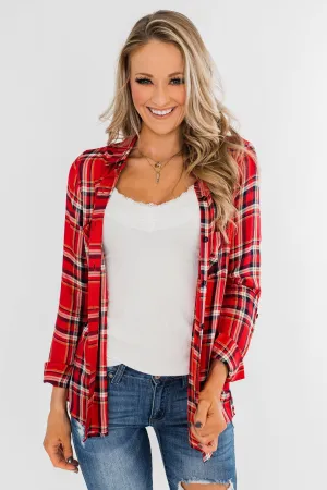 Hello Flannel Button Up Top- Red, Yellow, & Navy