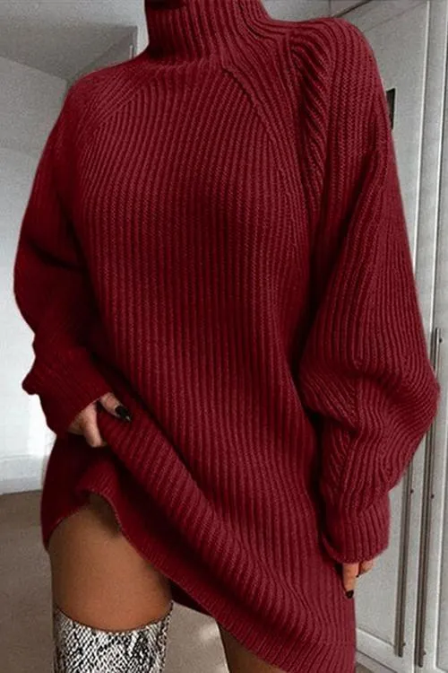 High Collar Puff Sleeve Mini Sweater Dress