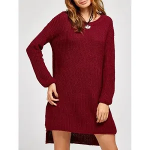High Low Slit Sweater Dress - Wine Red One Size