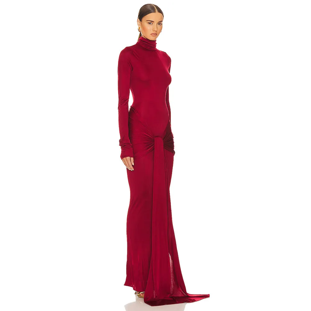 High Neck Long Sleeve Pure Color Maxi Dress KLYF1047