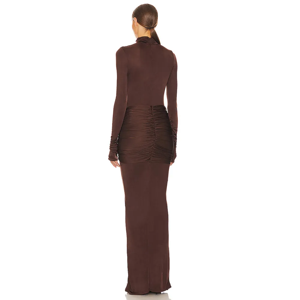 High Neck Long Sleeve Pure Color Maxi Dress KLYF1047