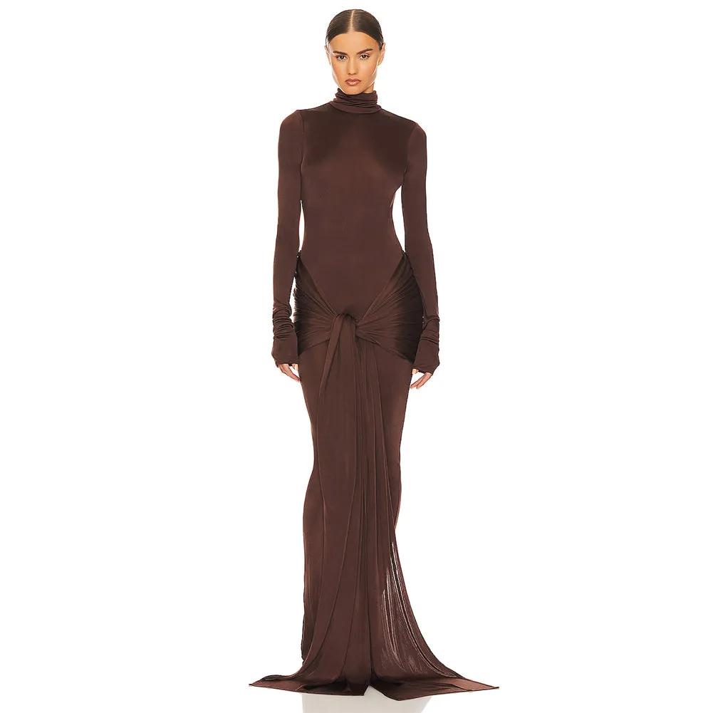 High Neck Long Sleeve Pure Color Maxi Dress KLYF1047