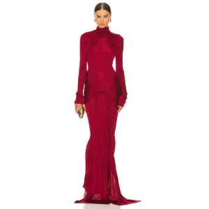 High Neck Long Sleeve Pure Color Maxi Dress KLYF1047