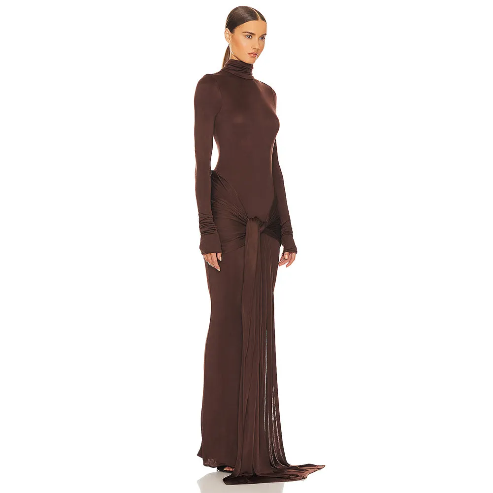 High Neck Long Sleeve Pure Color Maxi Dress KLYF1047
