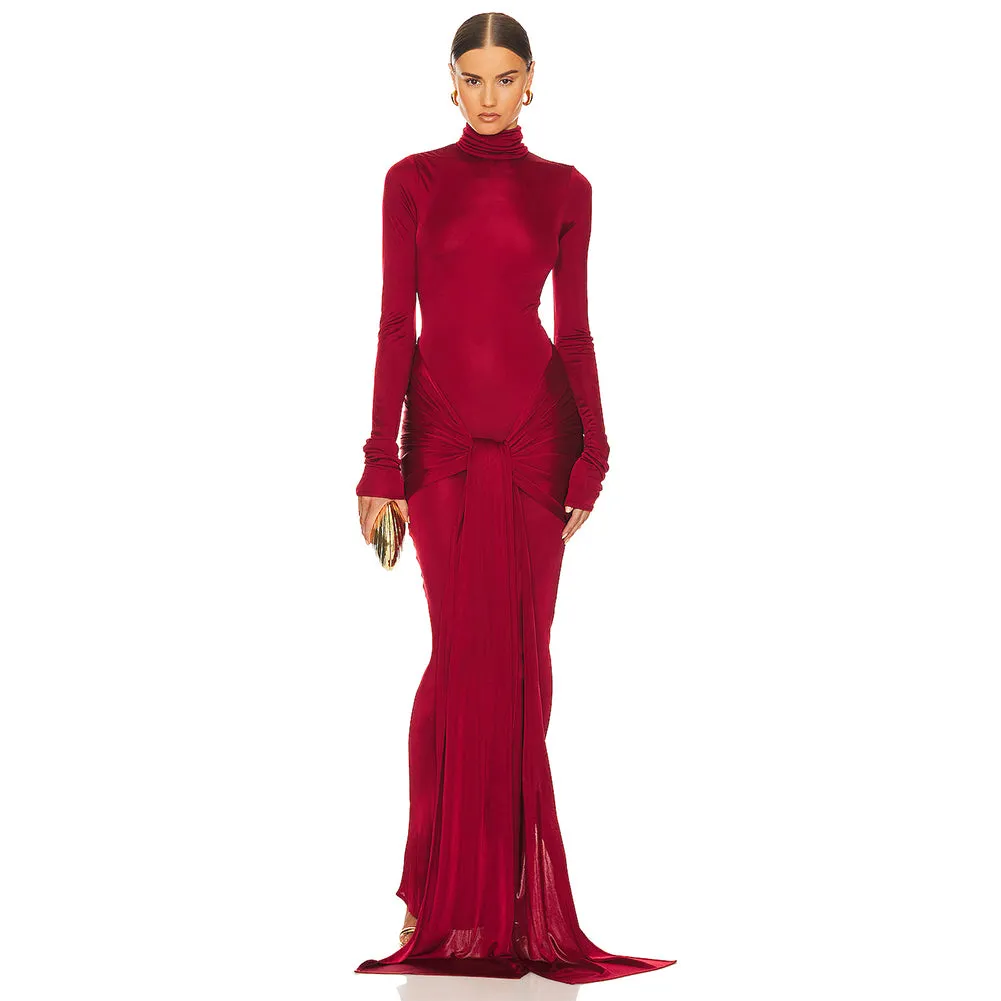 High Neck Long Sleeve Pure Color Maxi Dress KLYF1047