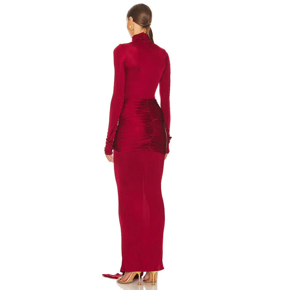 High Neck Long Sleeve Pure Color Maxi Dress KLYF1047