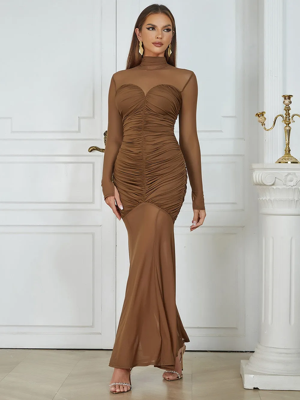 High Neck Long Sleeve Splicing Maxi Bodycon Dress HB03320
