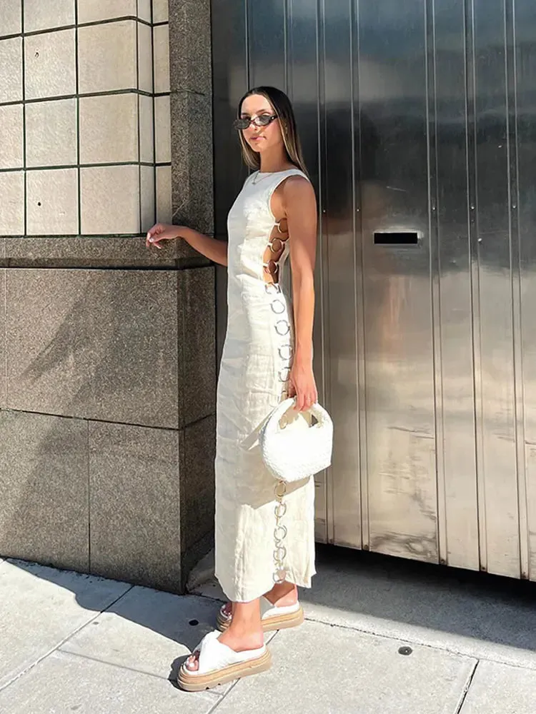 Hollow Out Side Ring Connected Long Dress Elegant O-Neck Sleeveless Maxi Dresses Chic Party Cocktail Dress