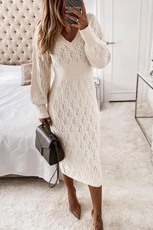 Hollow V Neck Puff Sleeve Sweater Dress