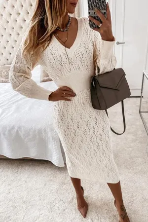 Hollow V Neck Puff Sleeve Sweater Dress