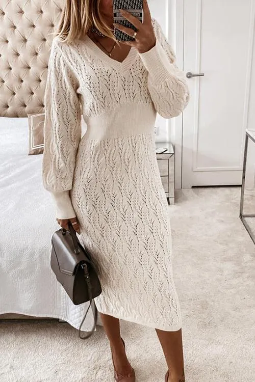 Hollow V Neck Puff Sleeve Sweater Dress
