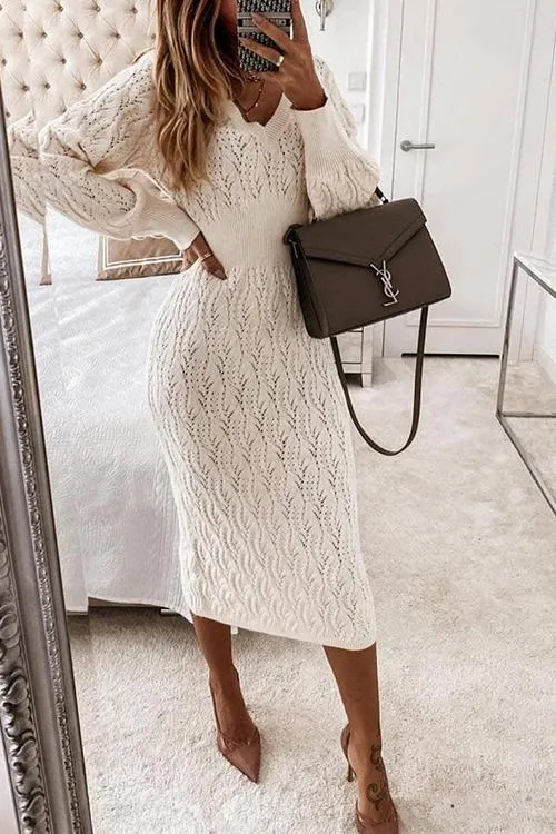 Hollow V Neck Puff Sleeve Sweater Dress