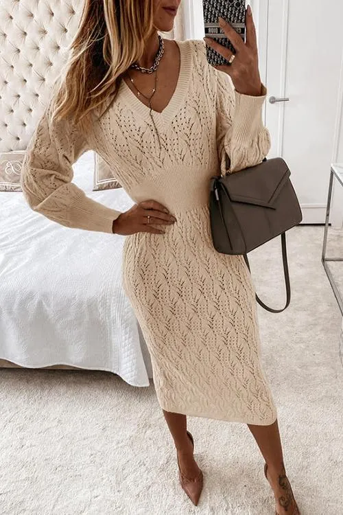 Hollow V Neck Puff Sleeve Sweater Dress