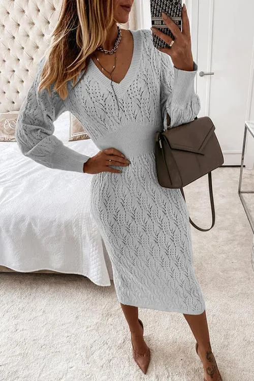 Hollow V Neck Puff Sleeve Sweater Dress