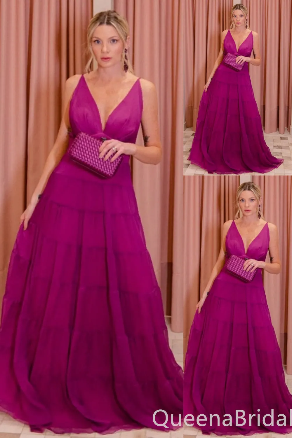 Hot Pink Plunging A-line Evening Gown Maxi Long Evening Party Prom Dresses ,WGP1163