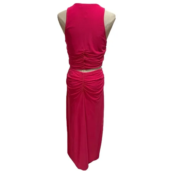 HOUSE OF HARLOW NEW 2PC HOT PINK BODYCON RUCHED SLEEVELESS TOP &amp; MAXI SKIRT SZ M