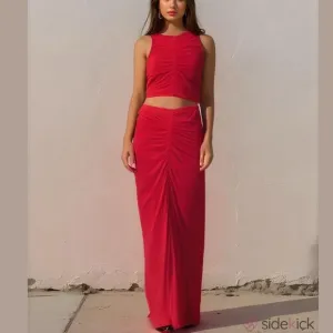 HOUSE OF HARLOW NEW 2PC HOT PINK BODYCON RUCHED SLEEVELESS TOP &amp; MAXI SKIRT SZ M