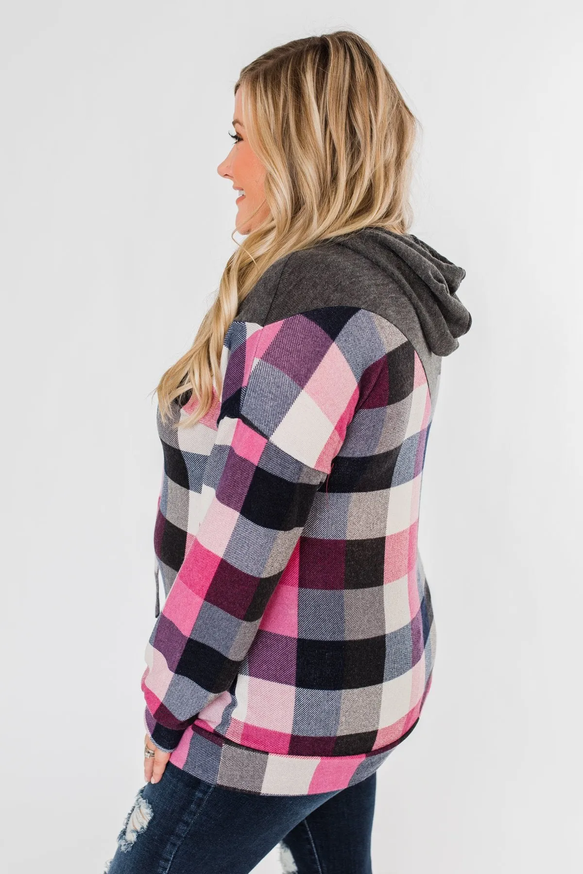 It's Always Been You Flannel Hoodie- Charcoal & Pink Tones