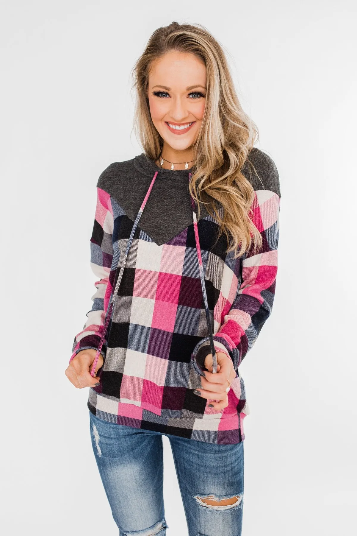 It's Always Been You Flannel Hoodie- Charcoal & Pink Tones