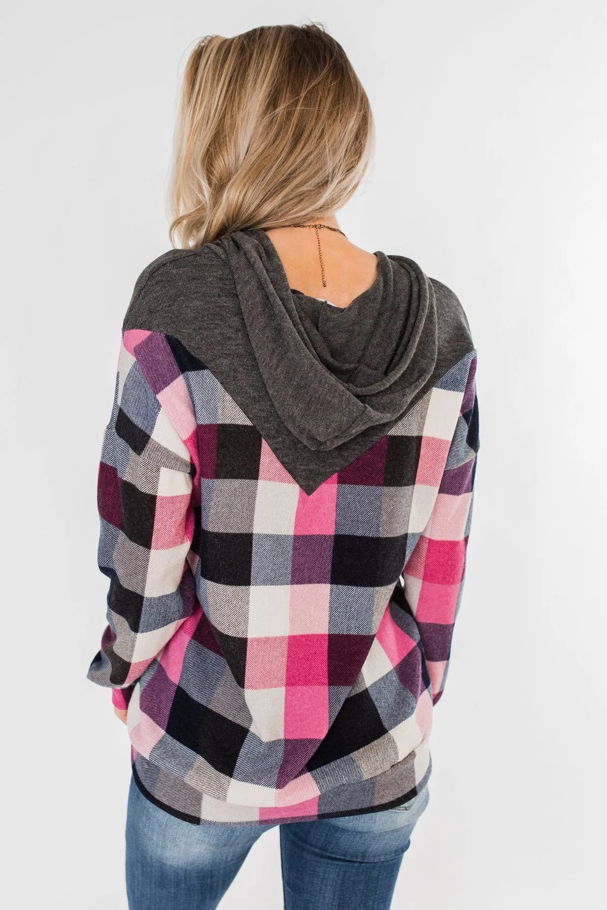 It's Always Been You Flannel Hoodie- Charcoal & Pink Tones