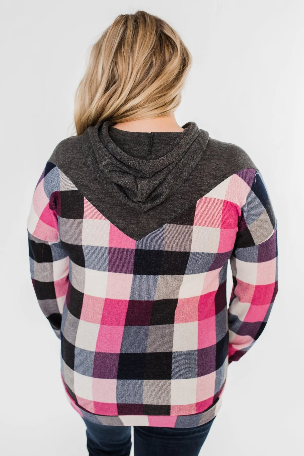 It's Always Been You Flannel Hoodie- Charcoal & Pink Tones