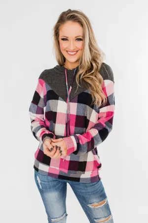 It's Always Been You Flannel Hoodie- Charcoal & Pink Tones