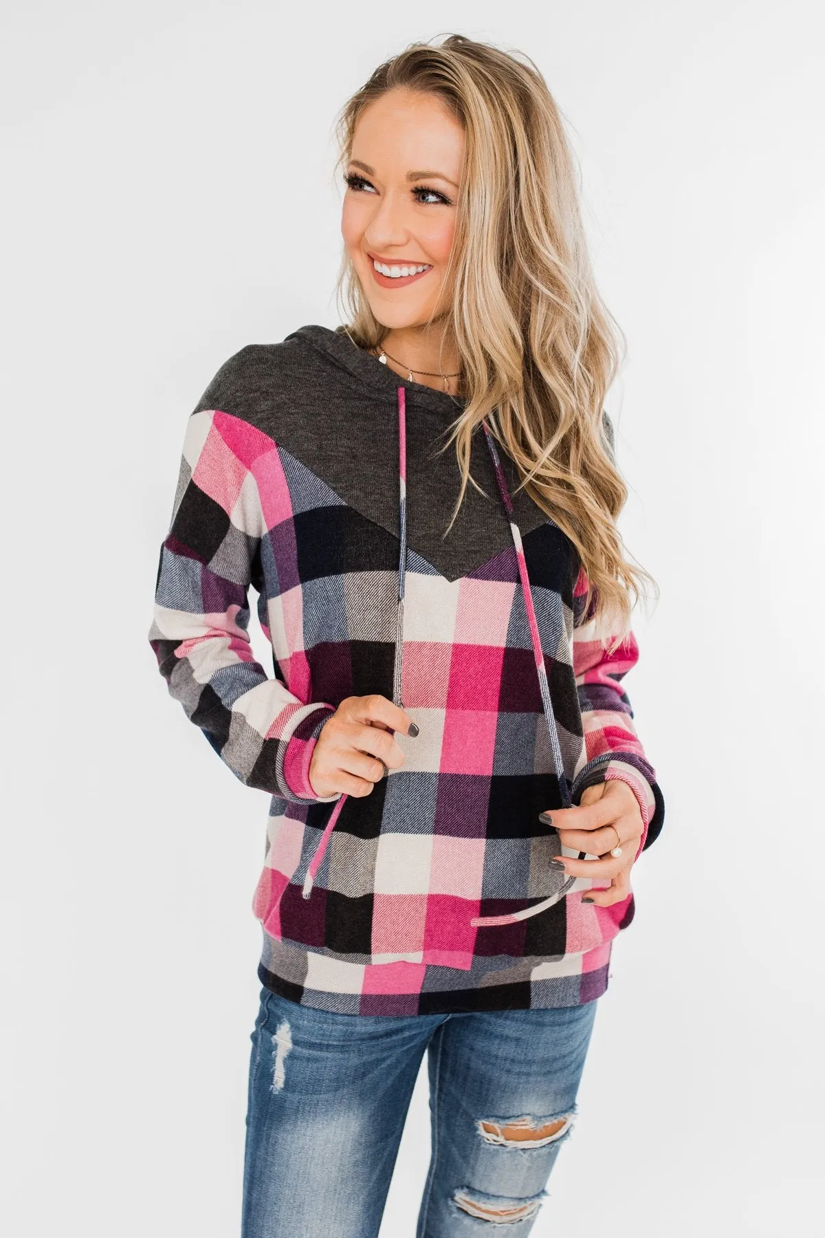 It's Always Been You Flannel Hoodie- Charcoal & Pink Tones