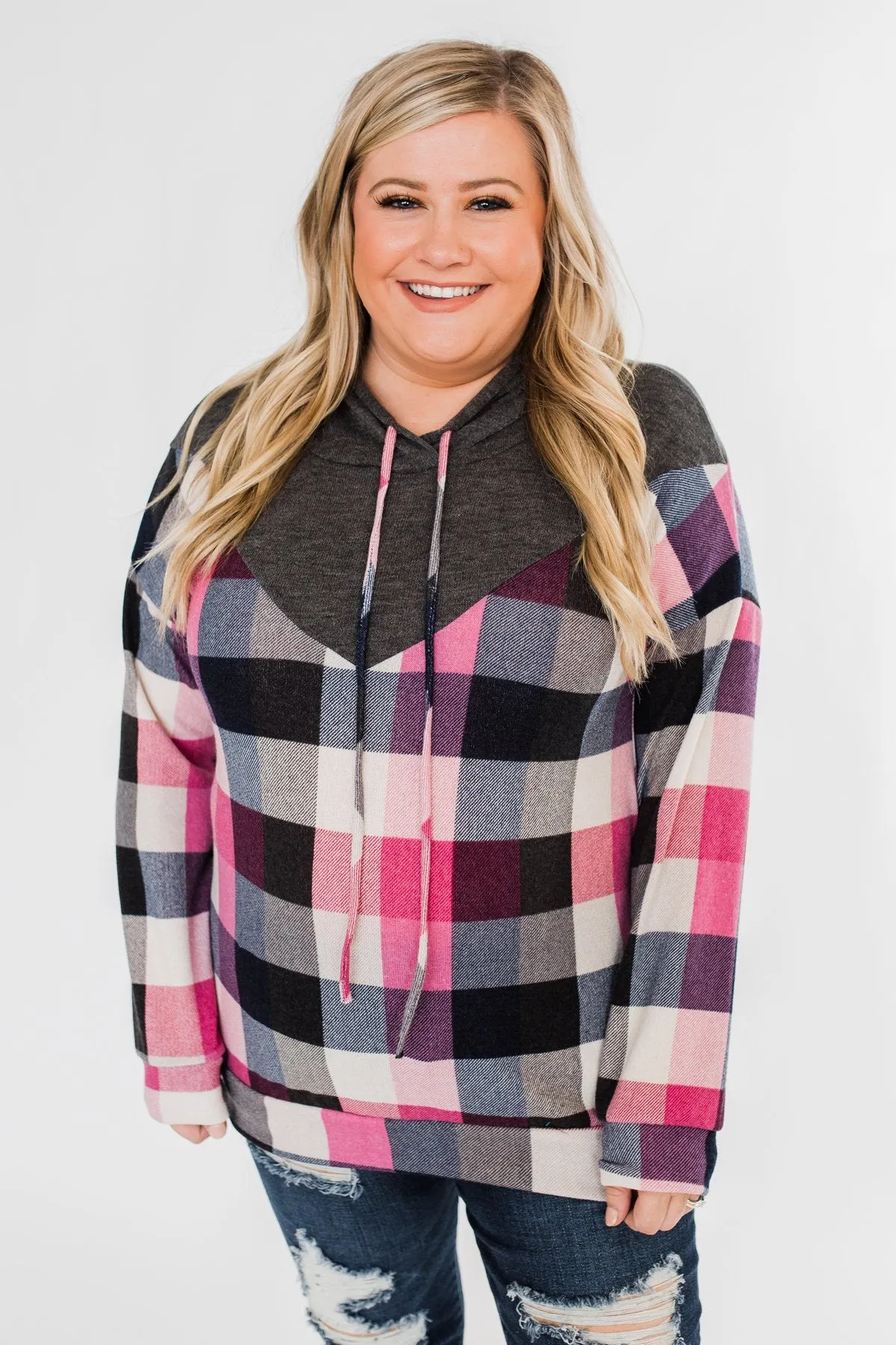 It's Always Been You Flannel Hoodie- Charcoal & Pink Tones