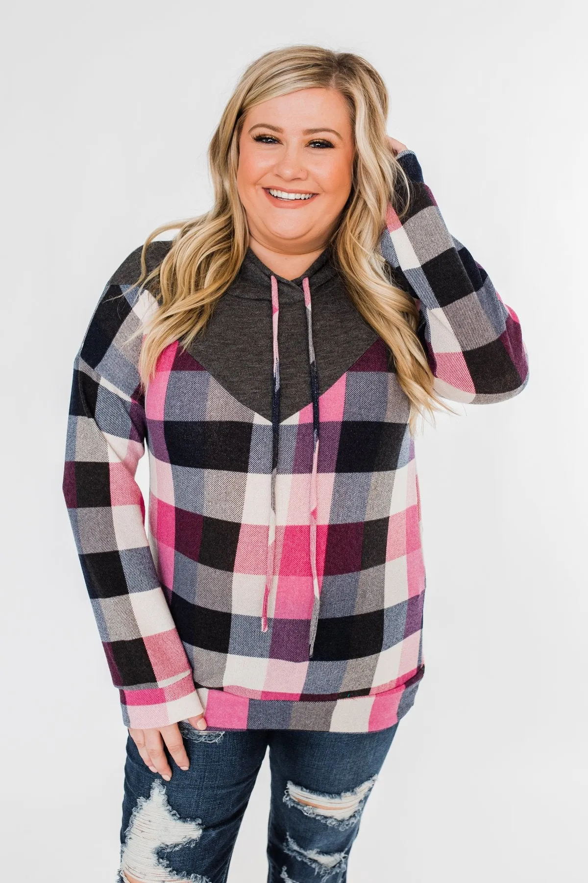 It's Always Been You Flannel Hoodie- Charcoal & Pink Tones