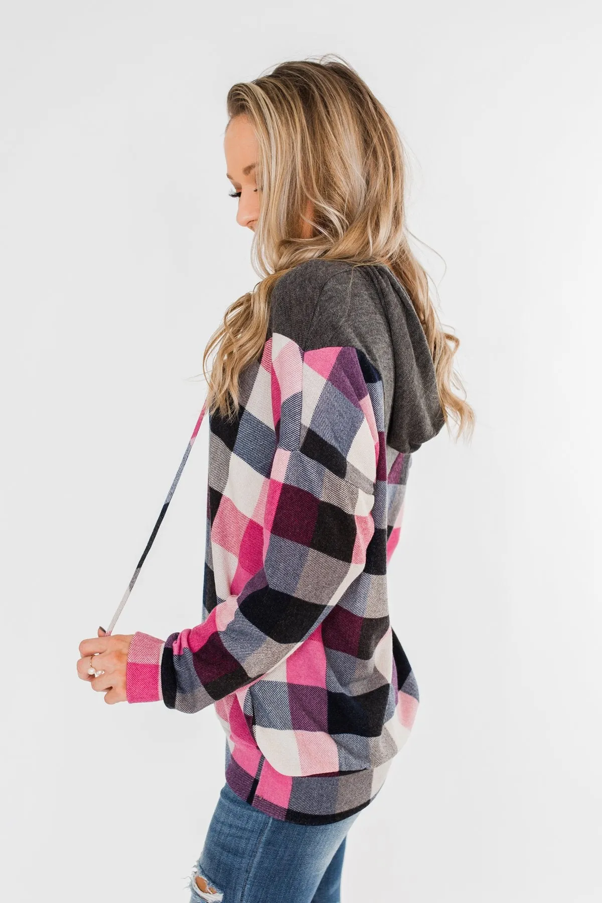 It's Always Been You Flannel Hoodie- Charcoal & Pink Tones