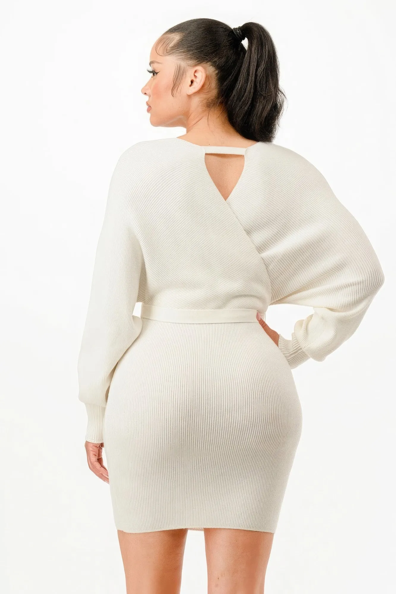 Ivory Off Shoulder Wrap Belted Ribbed Sweater Dress